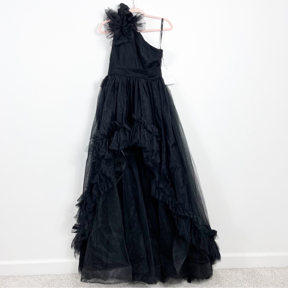 Mac Duggal 20412 Ruffled One Shoulder High Low Tulle Gown Size 4 NWT Black - Picture 4 of 13